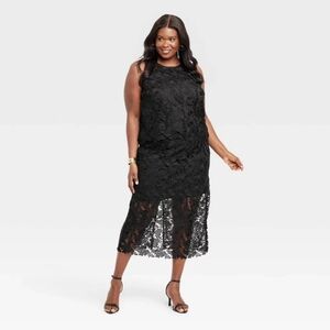NWT A New Day Black Floral Lace Midi Top & Skirt - 2 Piece Set